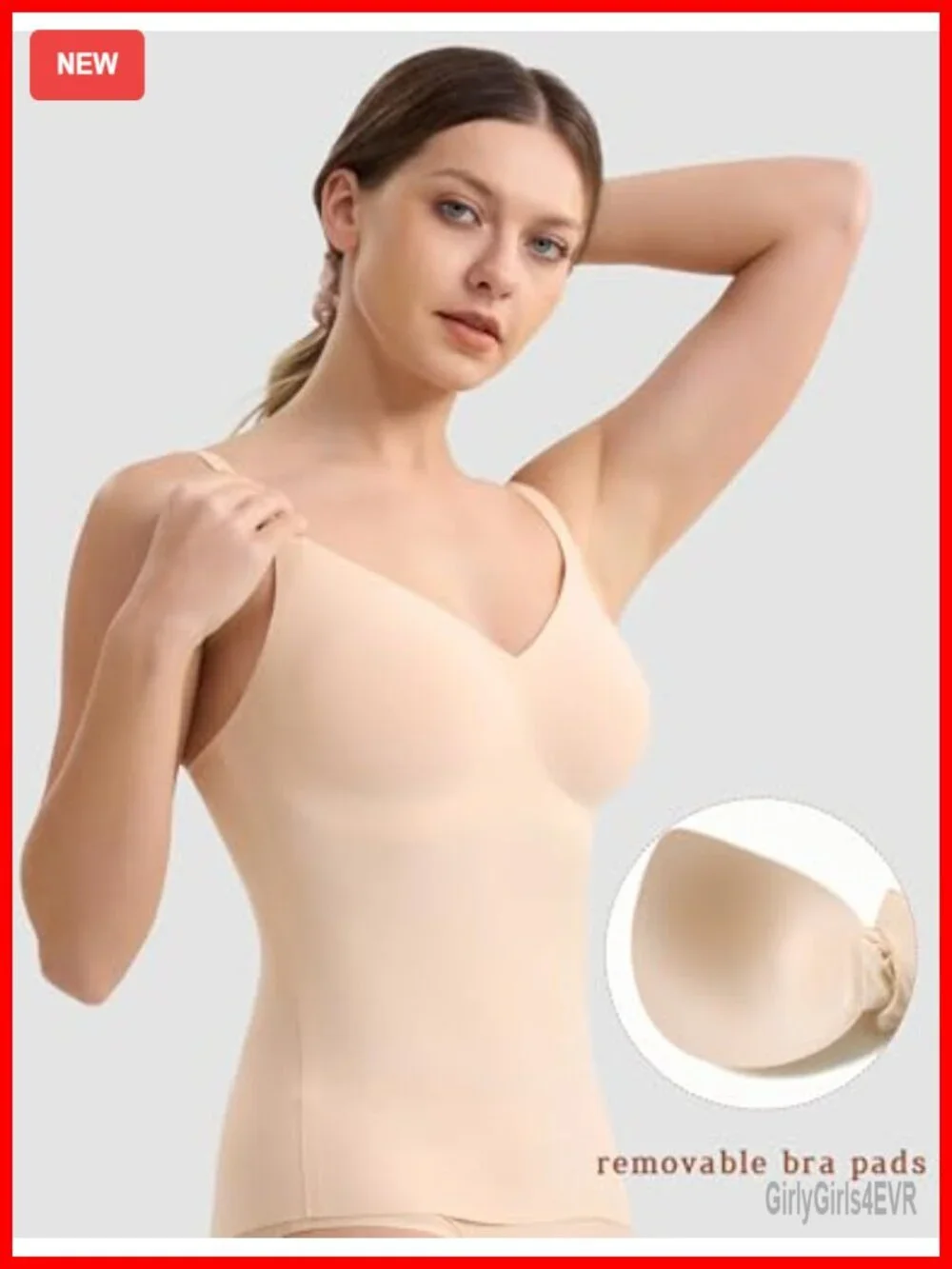 Seamless Camisole Tank Top with Built-in Bra V-Neck Adjustable Straps Spaghetti